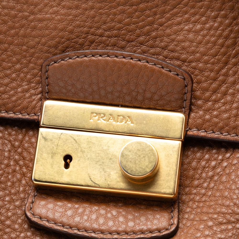 Prada B Prada Brown Calf Leather Vitello Daino Sound Lock Satchel Italy