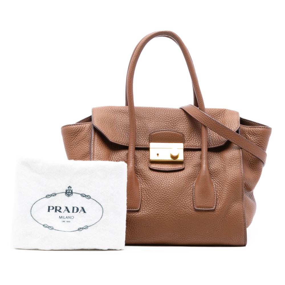 Prada B Prada Brown Calf Leather Vitello Daino Sound Lock Satchel Italy