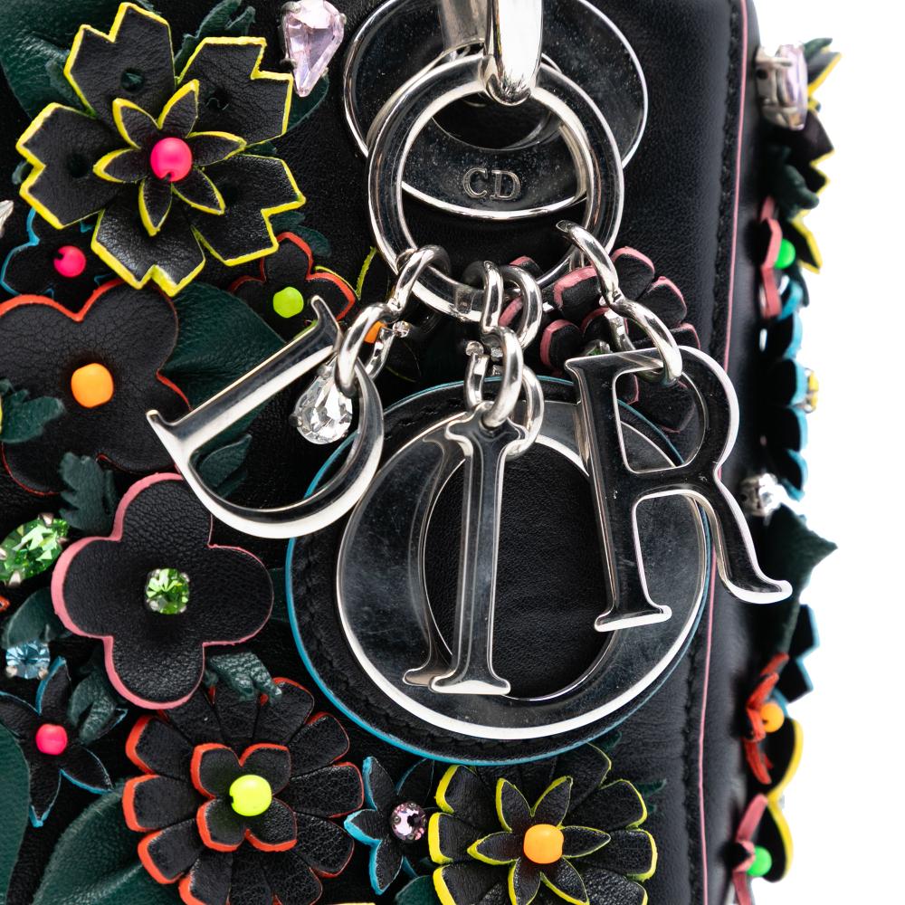 Christian Dior B Dior Black Lambskin Leather Leather Mini Lambskin 3D Floral Embroidered Lady Dior Italy