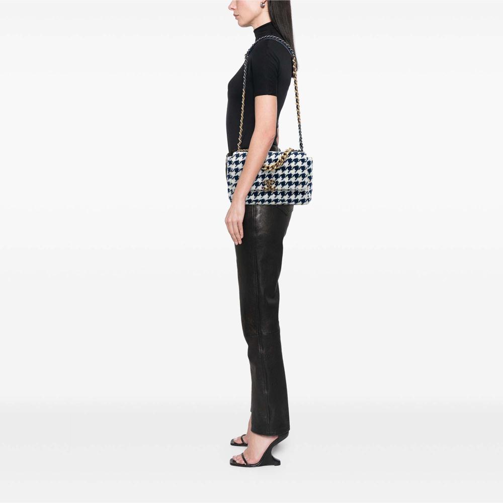 Chanel AB Chanel Blue Navy with White Tweed Fabric Large Houndstooth 19 Flap Italy