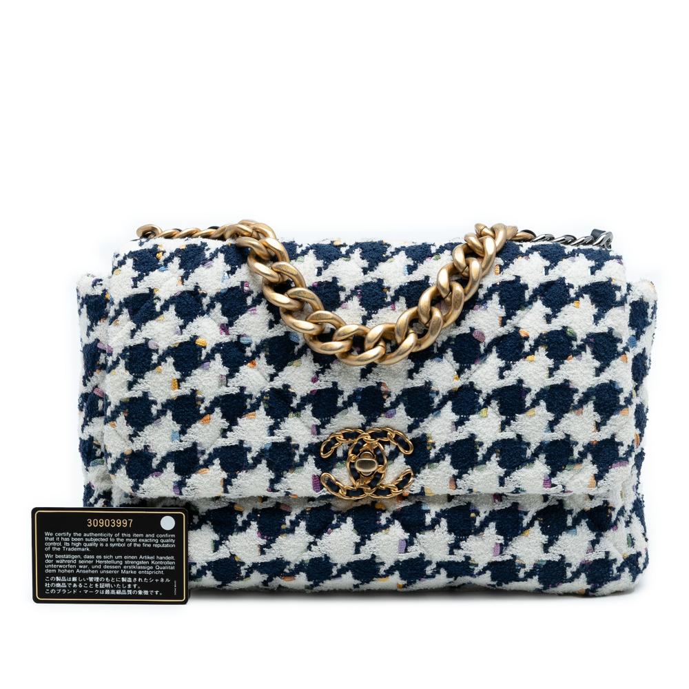 Chanel AB Chanel Blue Navy with White Tweed Fabric Large Houndstooth 19 Flap Italy