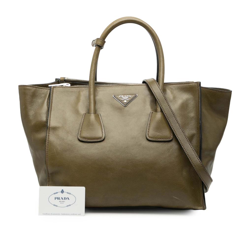 Prada B Prada Brown Dark Khaki Calf Leather Glace Twin Pocket Double Handle Satchel Italy