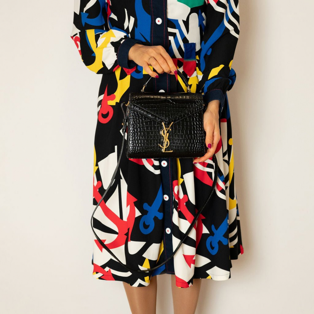 Saint Laurent Cassandre Mini Leather Moc Croc Top-handle Handbag Black
