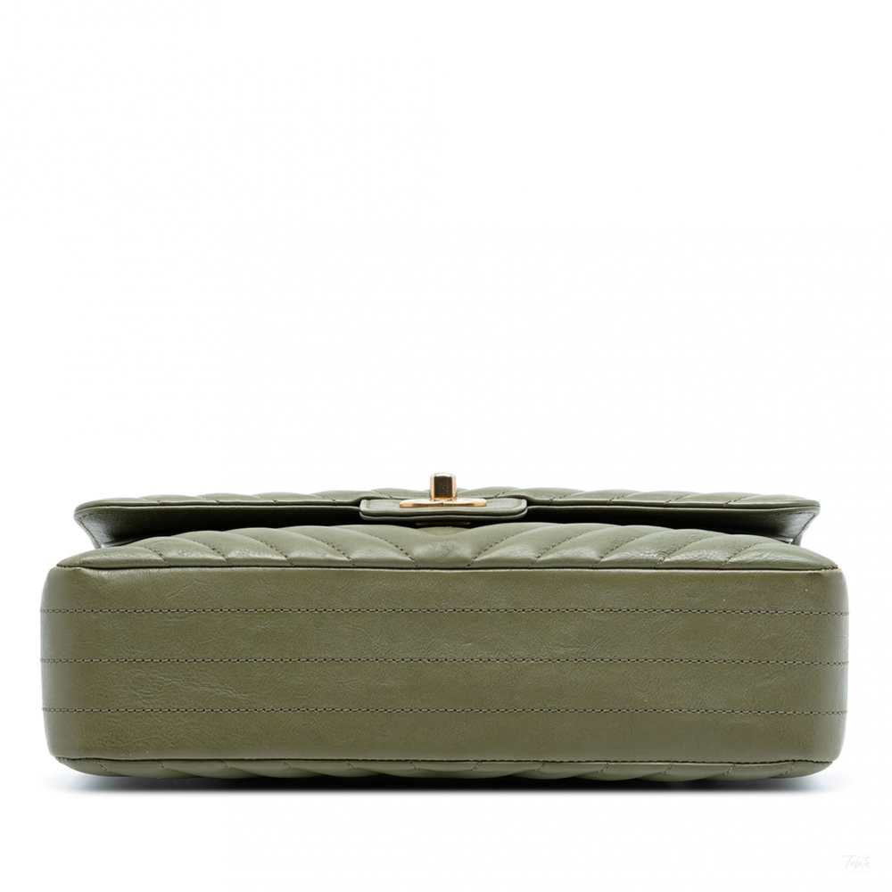 Chanel Classic Double Flap Medium Lambskin Leather Chevron Shoulder Bag Green