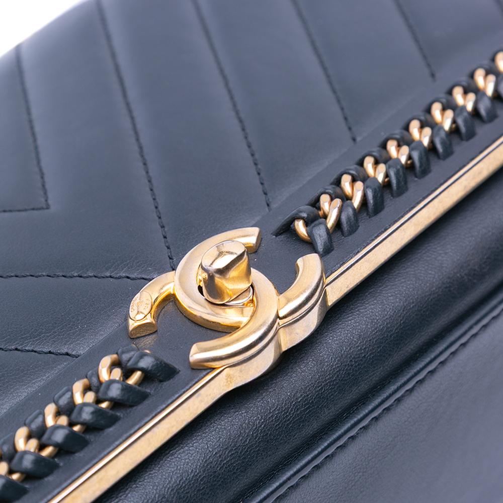 Chanel B Chanel Black Sheepskin Leather Leather Chevron Sheepskin Stitched Chain Top Handle Flap Italy