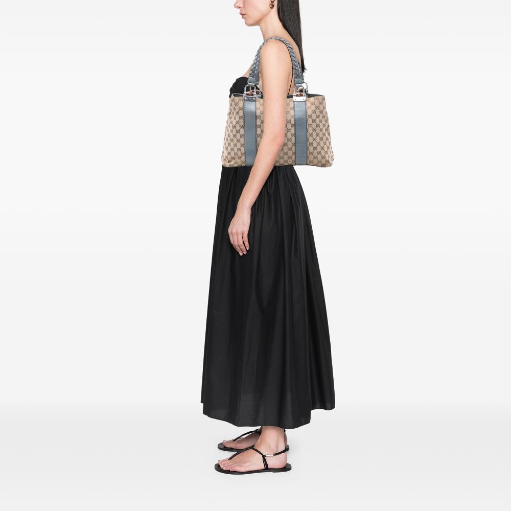 Gucci B Gucci Brown Beige Canvas Fabric Medium GG Bamboo Libeccio Tote Italy