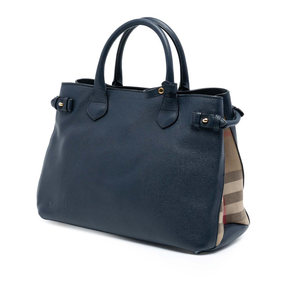 Burberry B Burberry Blue Navy with Brown Light Brown Calf Leather Medium and House Check Banner Satchel Italy