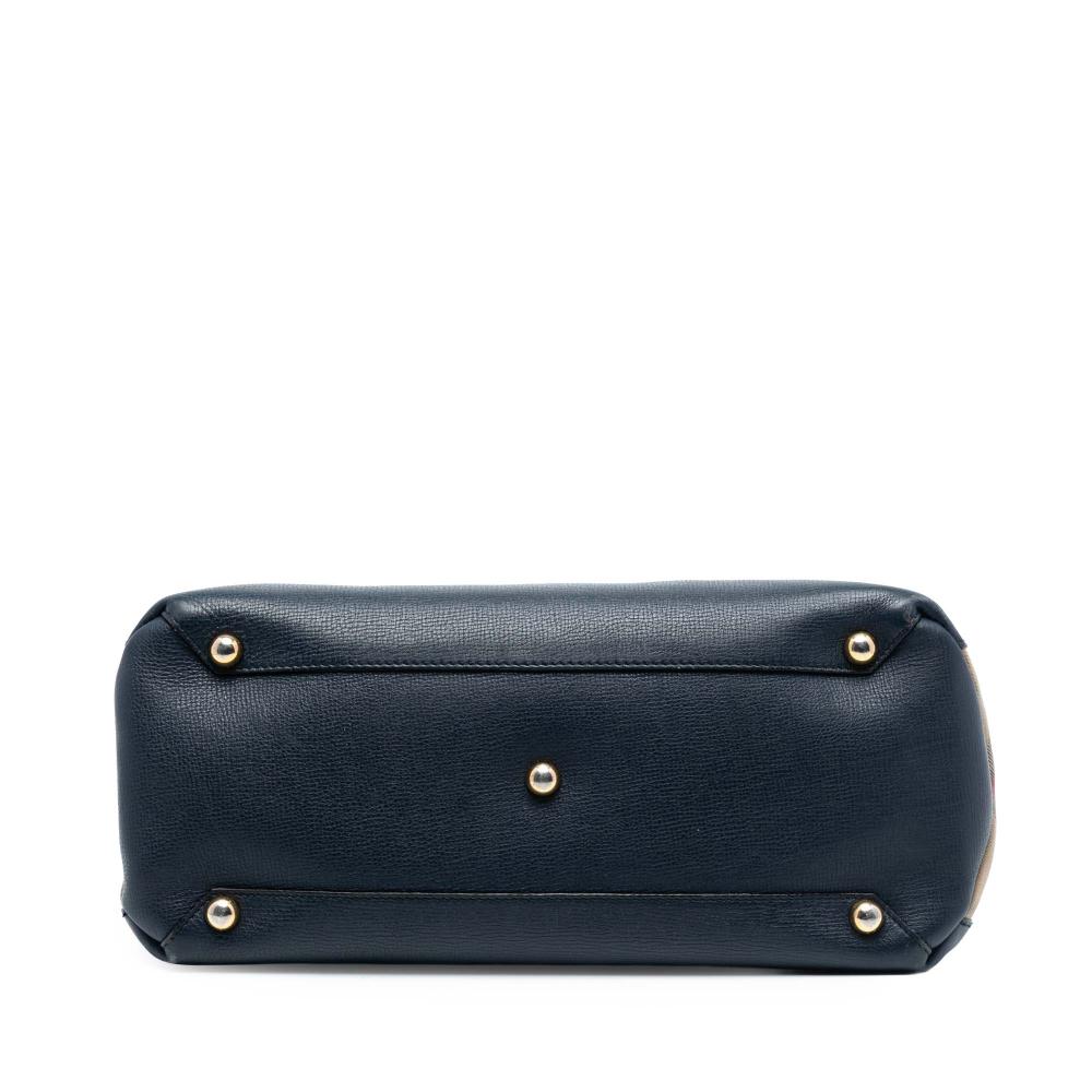 Burberry B Burberry Blue Navy with Brown Light Brown Calf Leather Medium and House Check Banner Satchel Italy