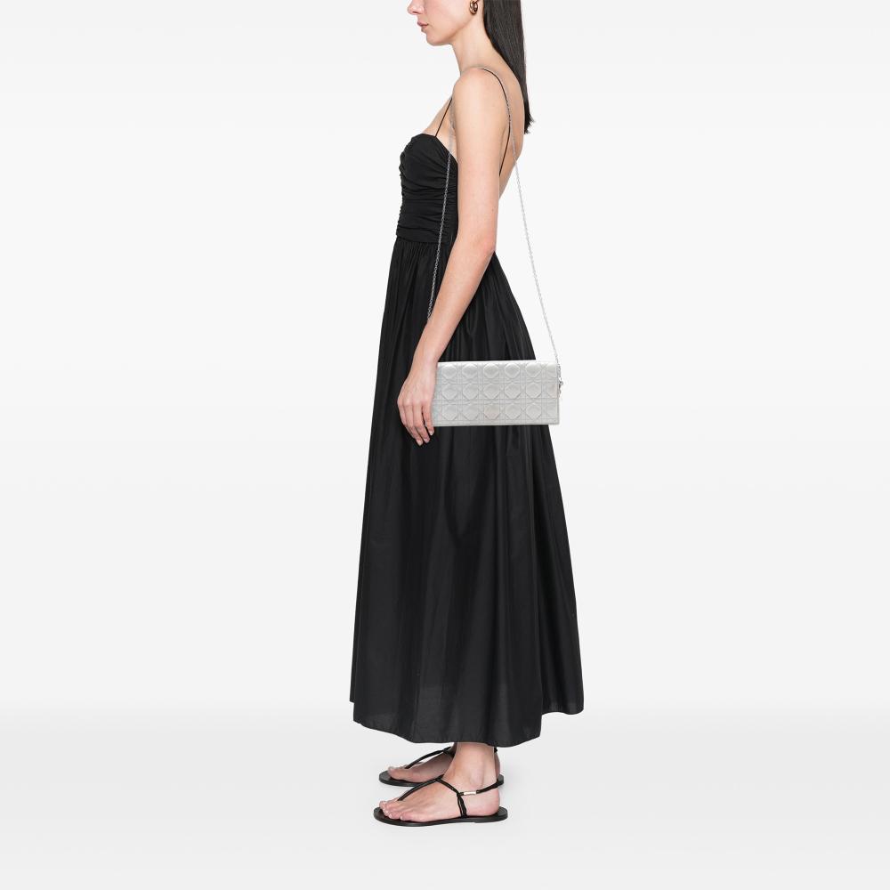 Christian Dior Dior Silver Lambskin Leather Leather Iridescent Lambskin Cannage Lady Dior Convertible Clutch Italy