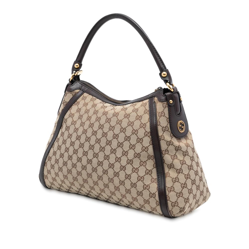 Gucci B Gucci Brown Beige Canvas Fabric GG Scarlett Shoulder Bag Italy