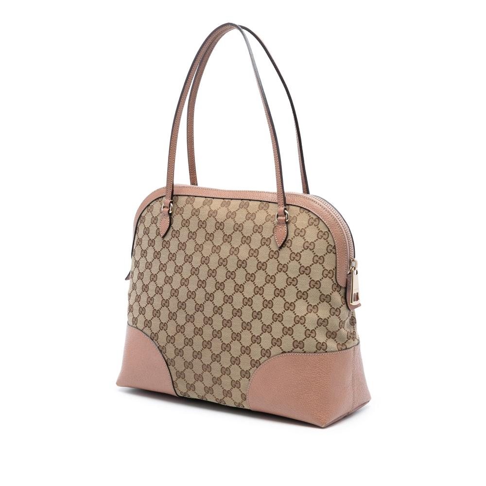 Gucci B Gucci Brown Beige Canvas Fabric Medium GG Bree Dome Tote Italy