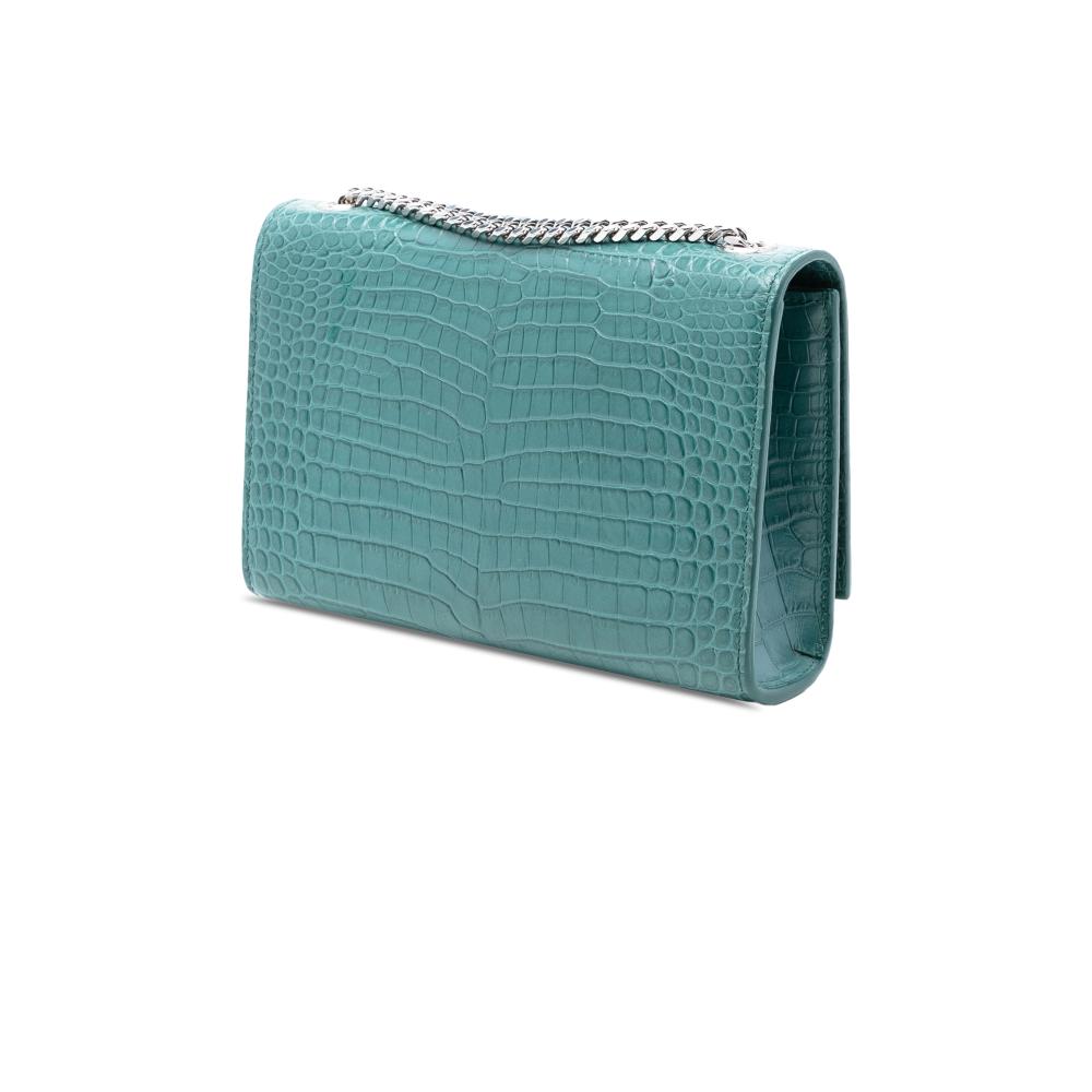 Saint Laurent AB Saint Laurent Blue Peacock Calf Leather Small Croc Embossed Monogram Kate Tassel Crossbody Italy