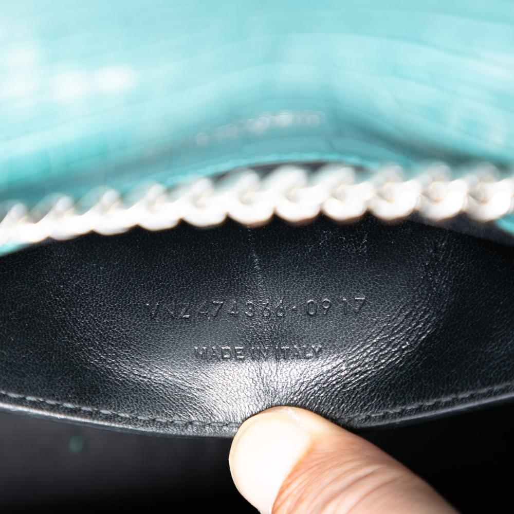 Saint Laurent AB Saint Laurent Blue Peacock Calf Leather Small Croc Embossed Monogram Kate Tassel Crossbody Italy