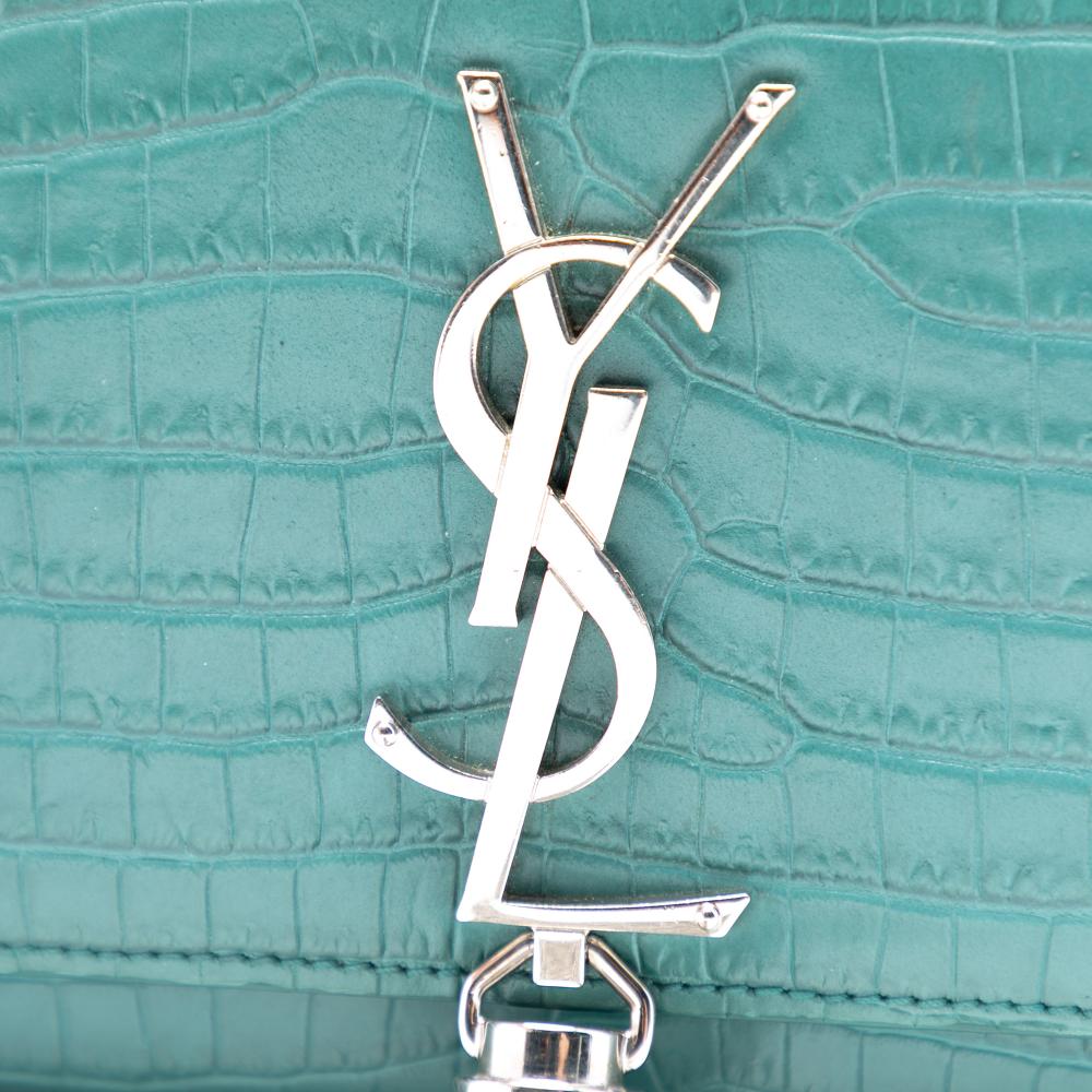 Saint Laurent AB Saint Laurent Blue Peacock Calf Leather Small Croc Embossed Monogram Kate Tassel Crossbody Italy