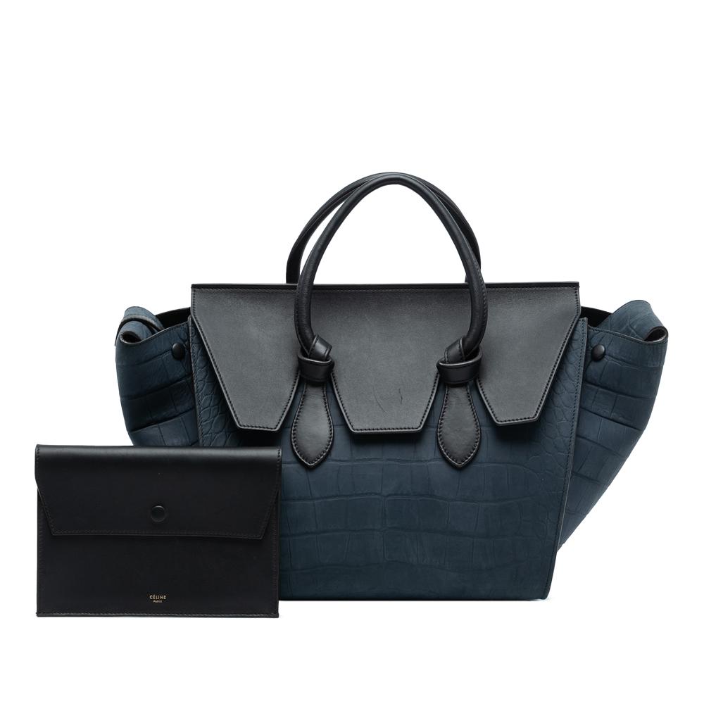 Celine B Celine Blue Navy with Black Calf Leather Medium Bicolor Embossed skin Tie Knot Tote Italy
