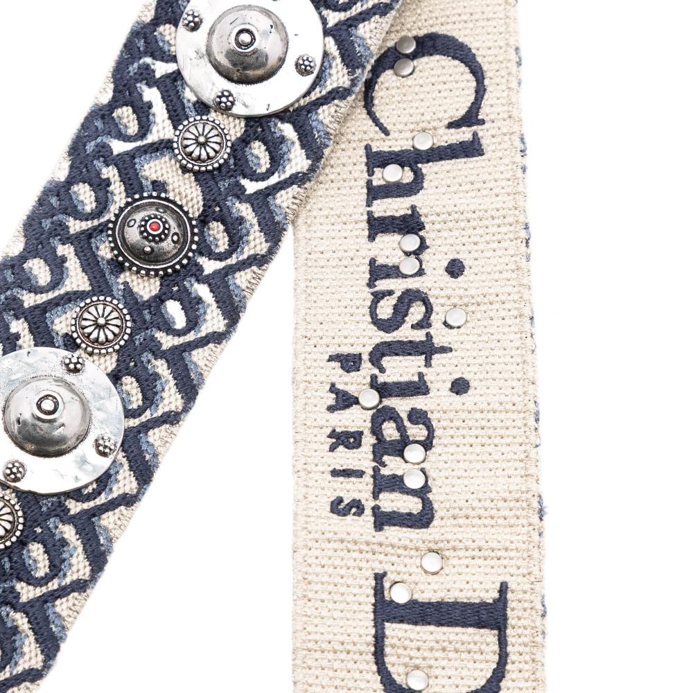 Christian Dior AB Dior Blue Navy Canvas Fabric Oblique Embroidered Studded Bag Strap Italy