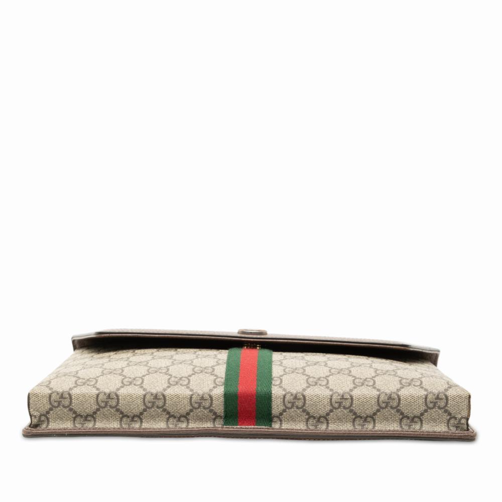 Gucci AB Gucci Brown Beige Coated Canvas Fabric GG Supreme Web Ophidia Flap Clutch Italy