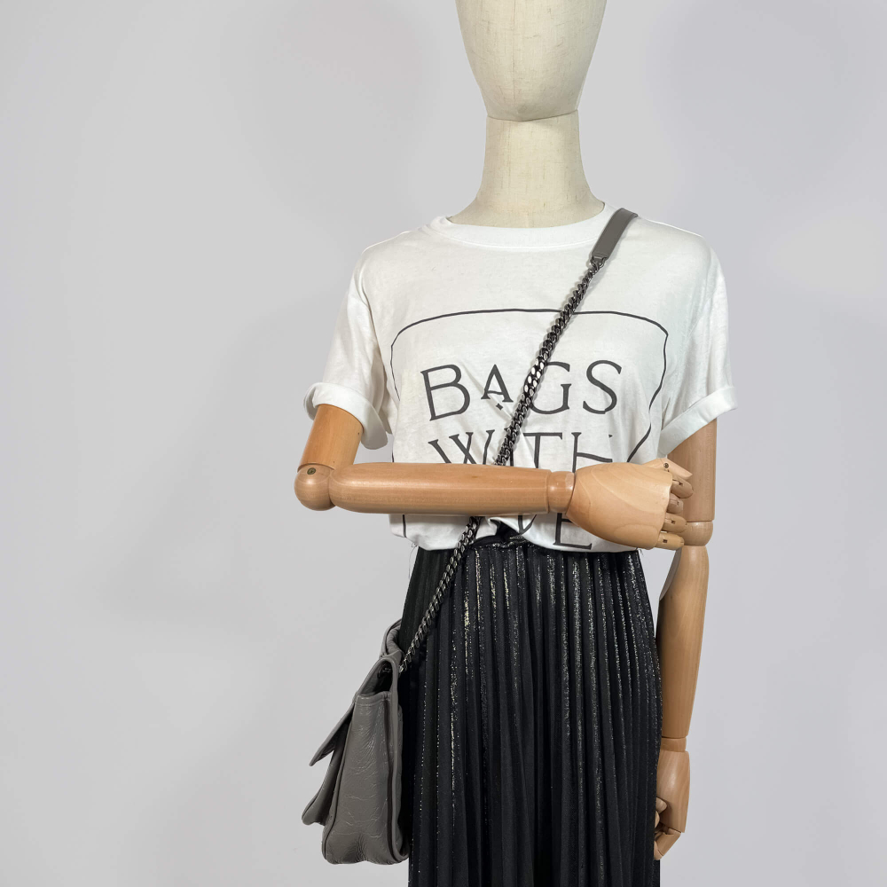 Saint Laurent Niki Medium Chevron Quilted Vintage calf Leather 2-Ways Flap Bag Grey