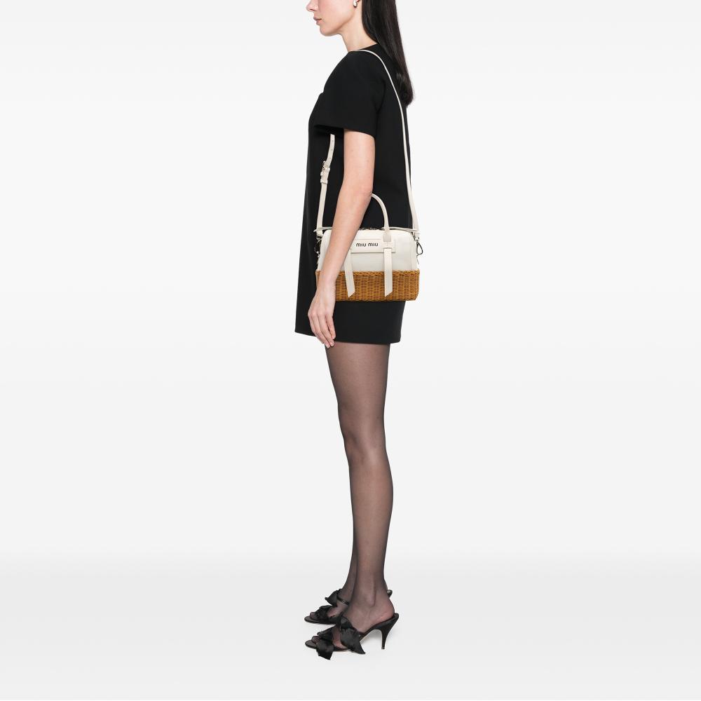 Miu Miu B Miu Miu White with Brown Calf Leather Wicker Trimmed Top Handle Bag Italy