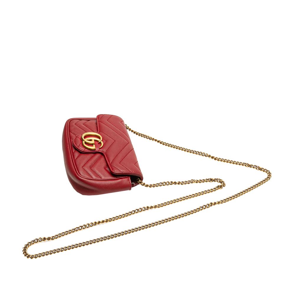 Gucci B Gucci Red Calf Leather Mini GG Marmont Matelasse Flap Crossbody Italy