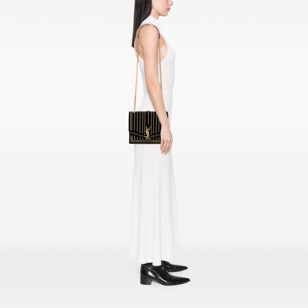 Saint Laurent AB Saint Laurent Black Suede Leather Medium Studded Monogram Sulpice Crossbody Italy