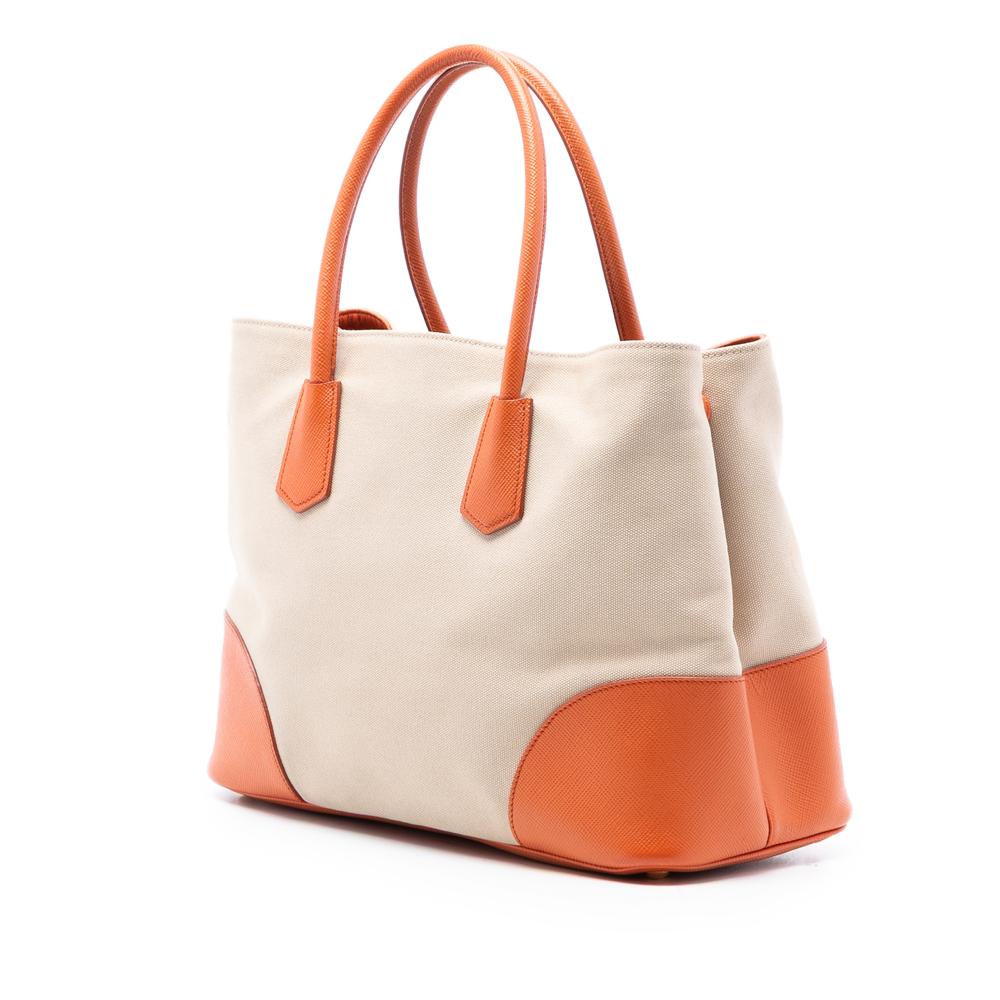 Prada AB Prada Brown Beige with Orange Canvas Fabric Large Saffiano Trimmed Canapa Double Satchel Italy