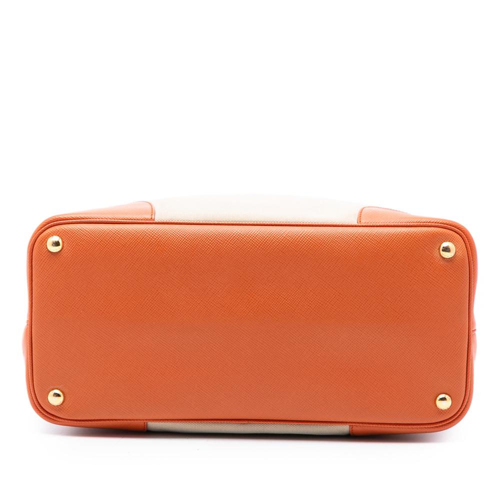 Prada AB Prada Brown Beige with Orange Canvas Fabric Large Saffiano Trimmed Canapa Double Satchel Italy
