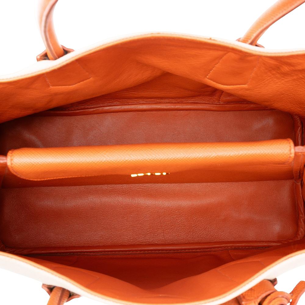 Prada AB Prada Brown Beige with Orange Canvas Fabric Large Saffiano Trimmed Canapa Double Satchel Italy