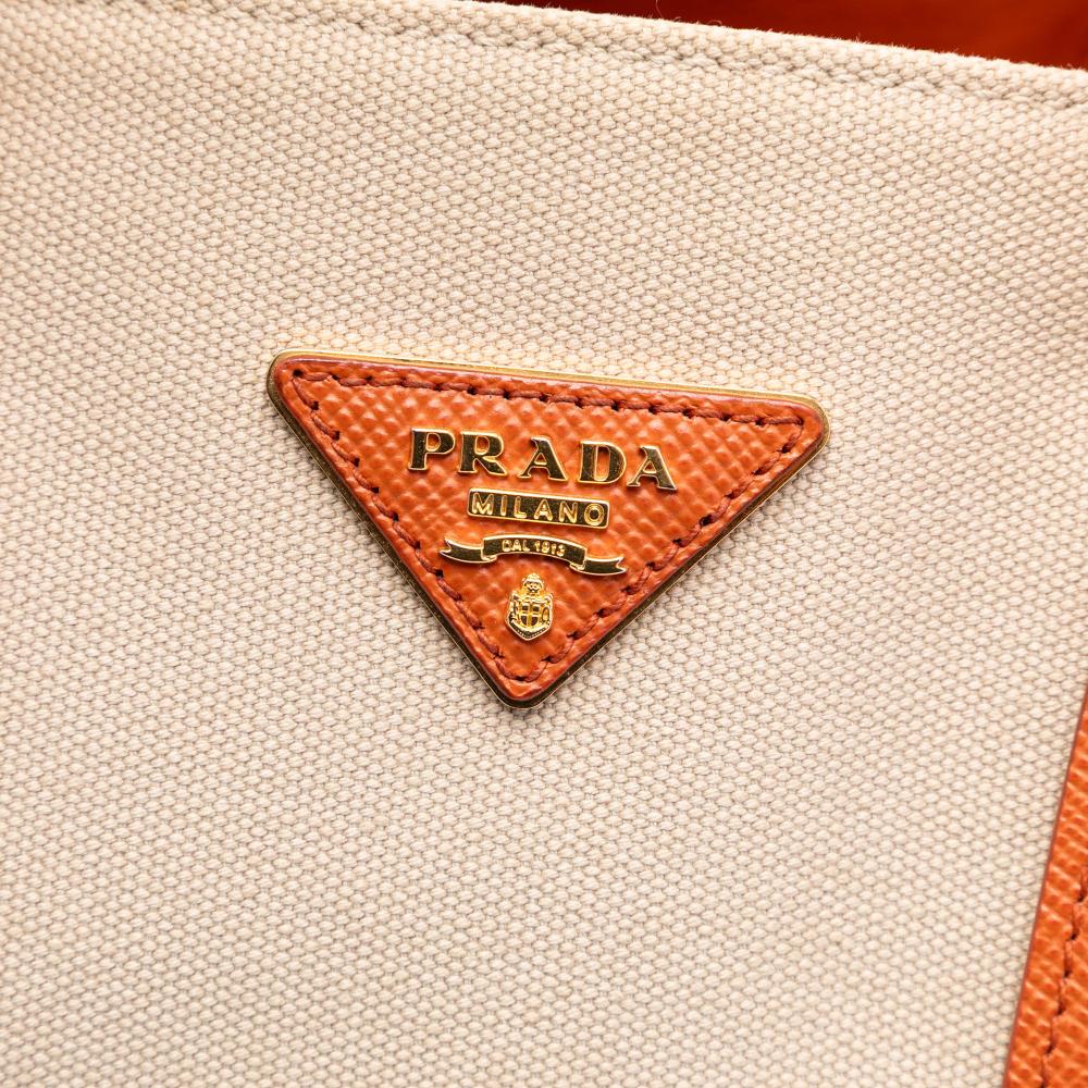 Prada AB Prada Brown Beige with Orange Canvas Fabric Large Saffiano Trimmed Canapa Double Satchel Italy