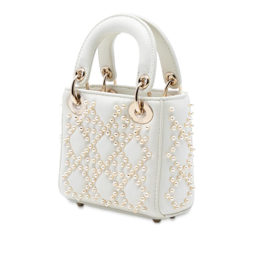 Christian Dior AB Dior White Lambskin Leather Leather Micro Lambskin Cannage Pearl Lady Dior Italy