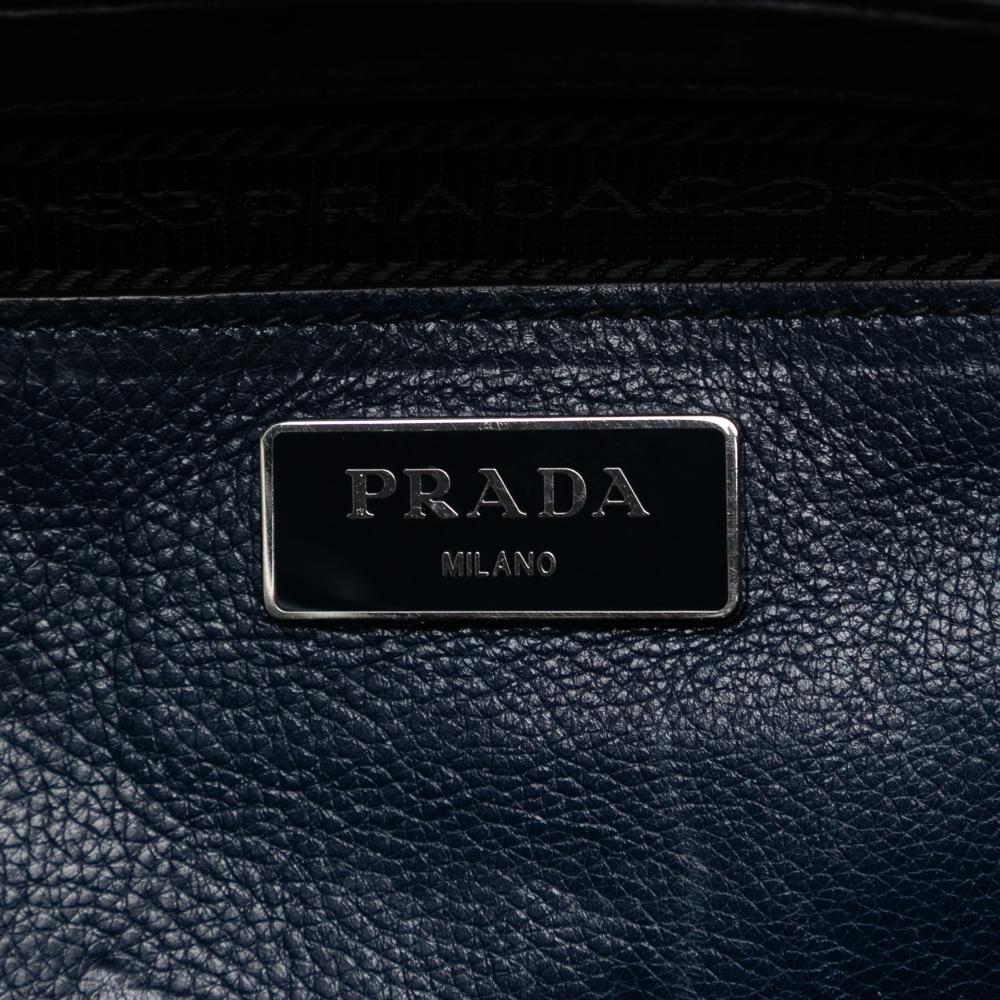 Prada B Prada Blue Navy Calf Leather Glace Twin Pocket Double Handle Satchel Italy