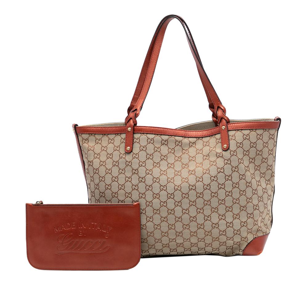 Gucci B Gucci Brown Beige Canvas Fabric Medium GG Craft Tote Italy