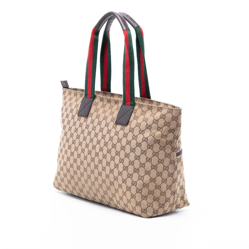 Gucci B Gucci Brown Beige Canvas Fabric GG Web Tote Italy