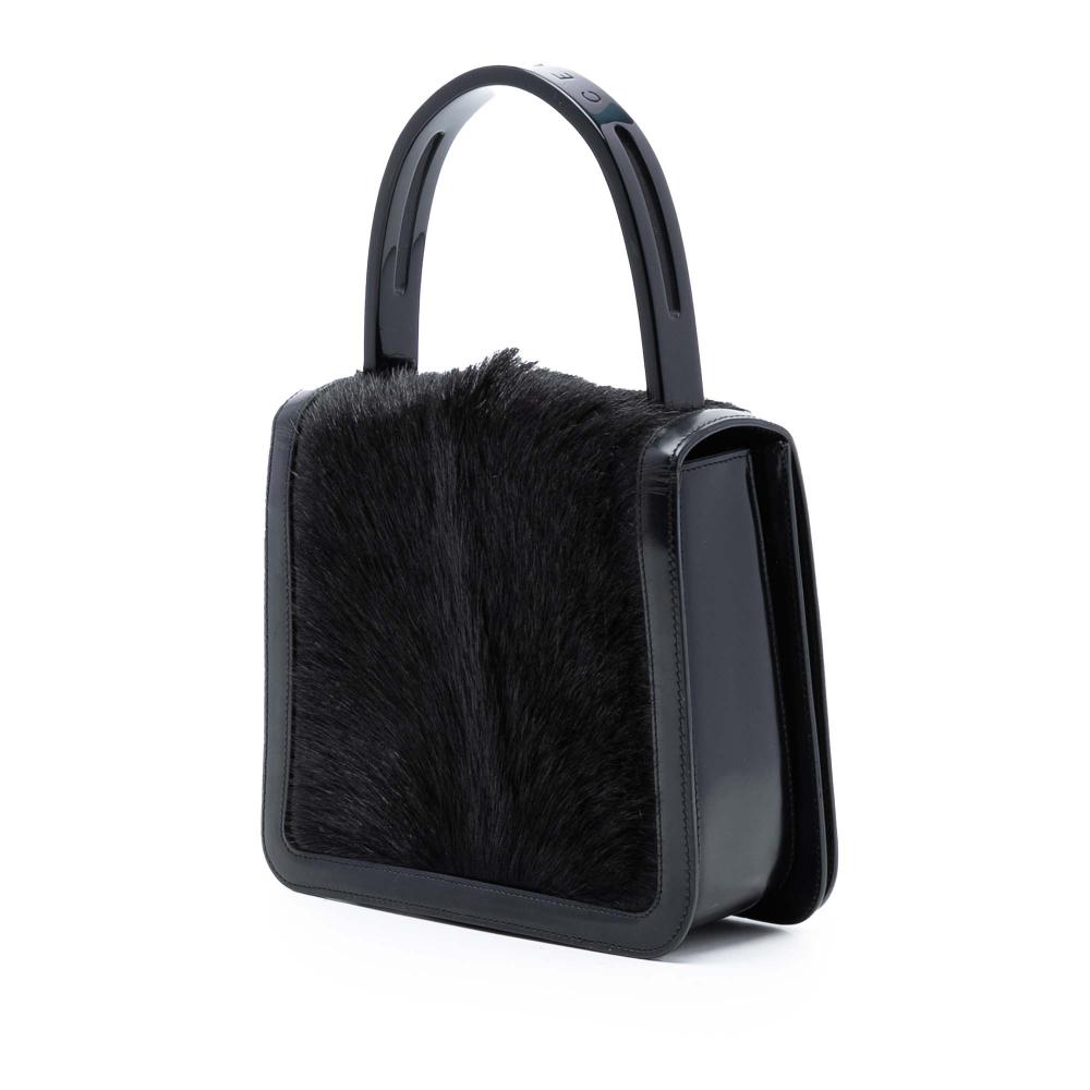 Celine B Celine Black Pony Hair Natural Material Leather Trimmed Acrylic Top Handle Bag Italy