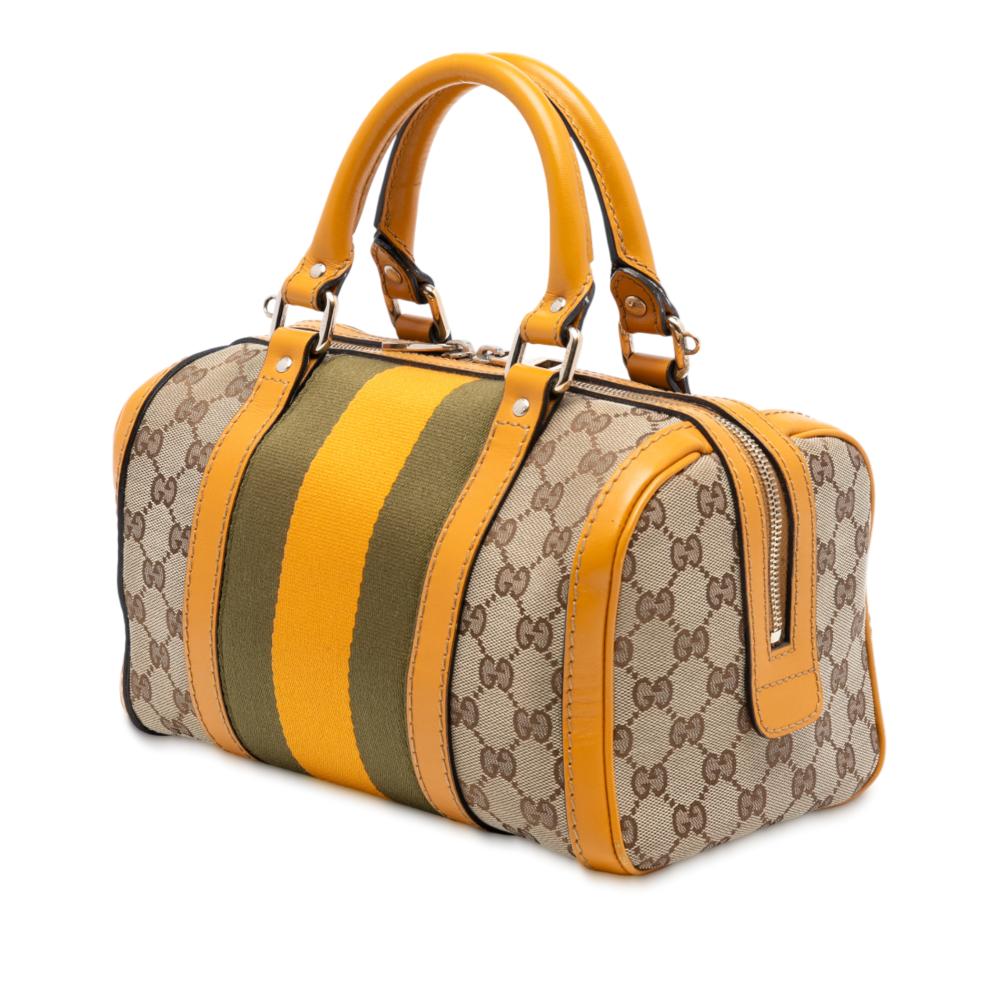 Gucci B Gucci Brown Beige Canvas Fabric Small GG Web Joy Boston Bag Italy