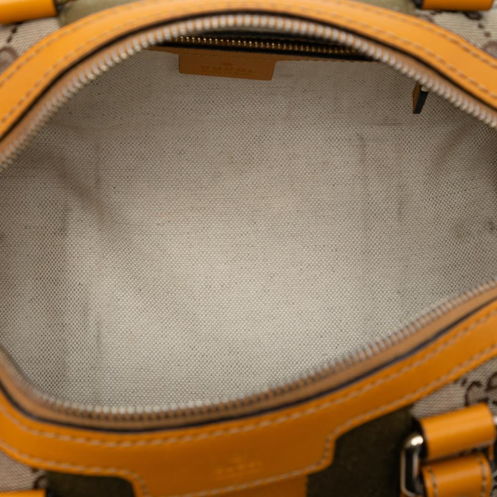 Gucci B Gucci Brown Beige Canvas Fabric Small GG Web Joy Boston Bag Italy