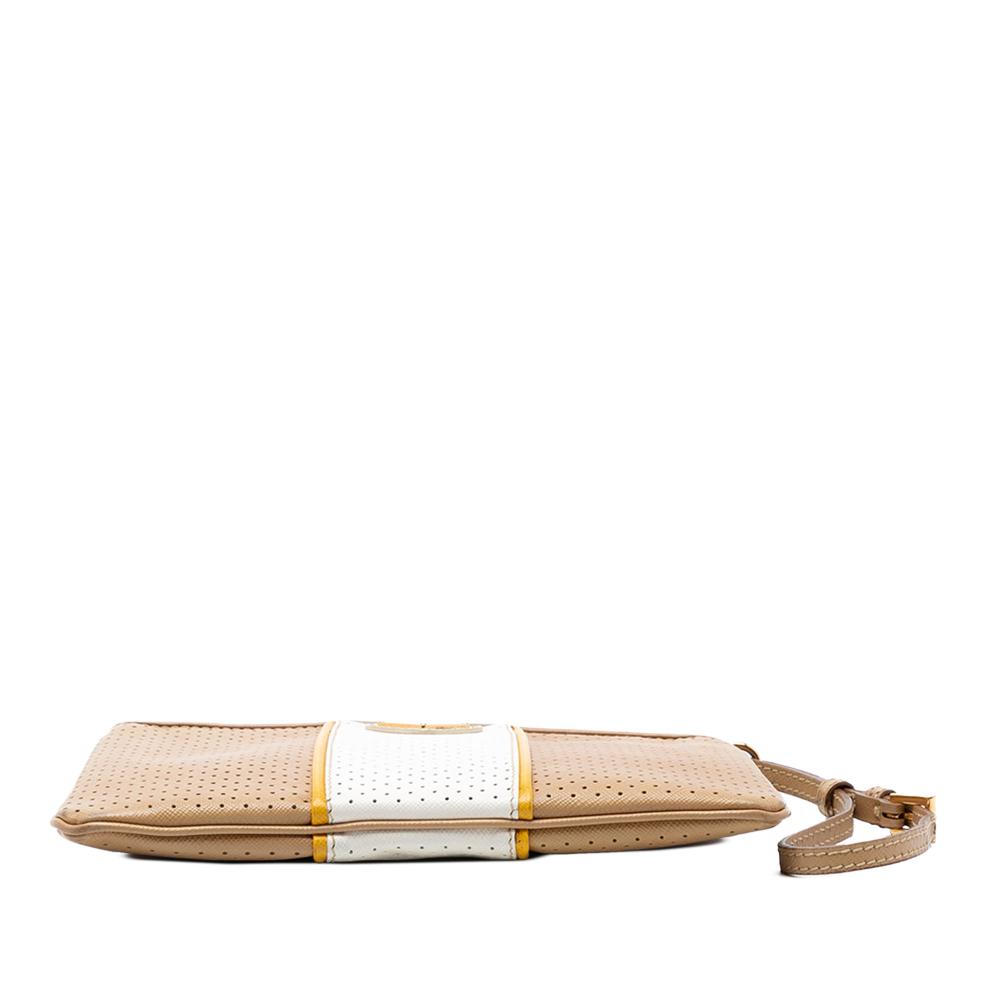 Prada B Prada Brown Beige Saffiano Leather Perforated Wristlet Clutch Italy