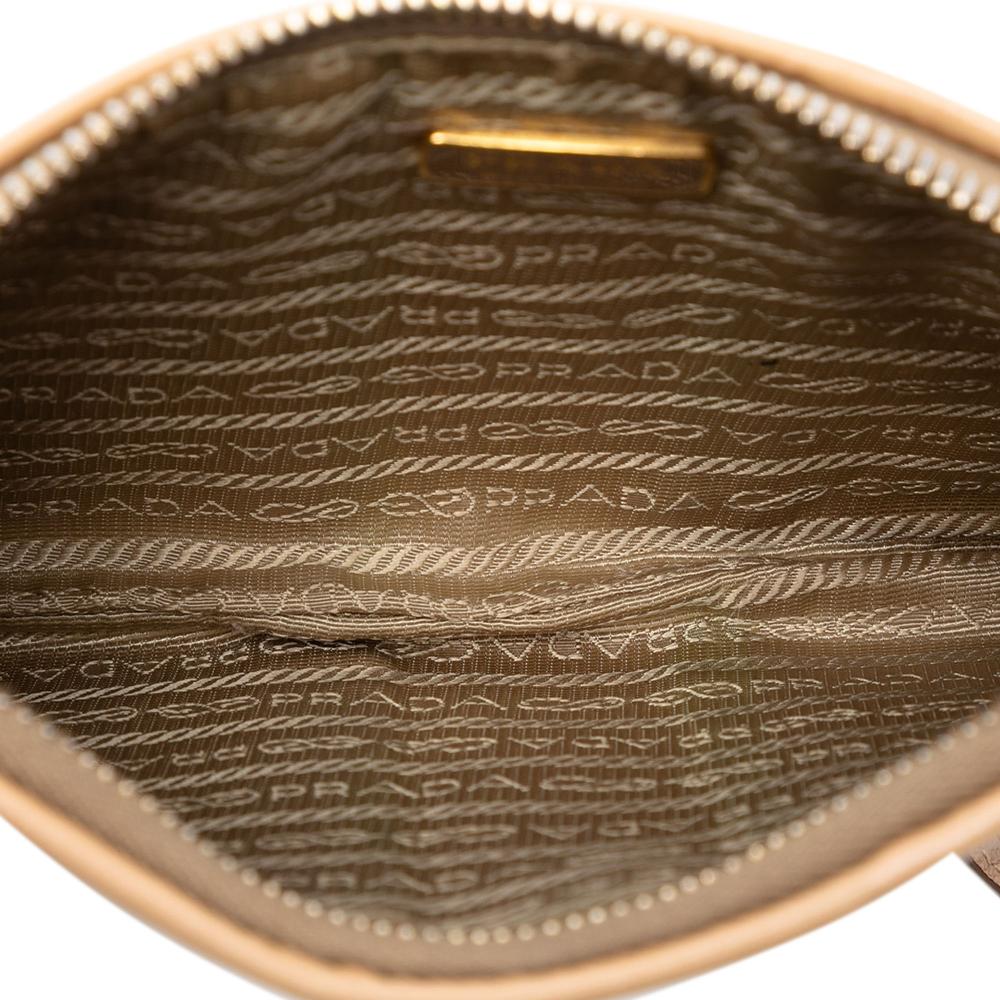 Prada B Prada Brown Beige Saffiano Leather Perforated Wristlet Clutch Italy