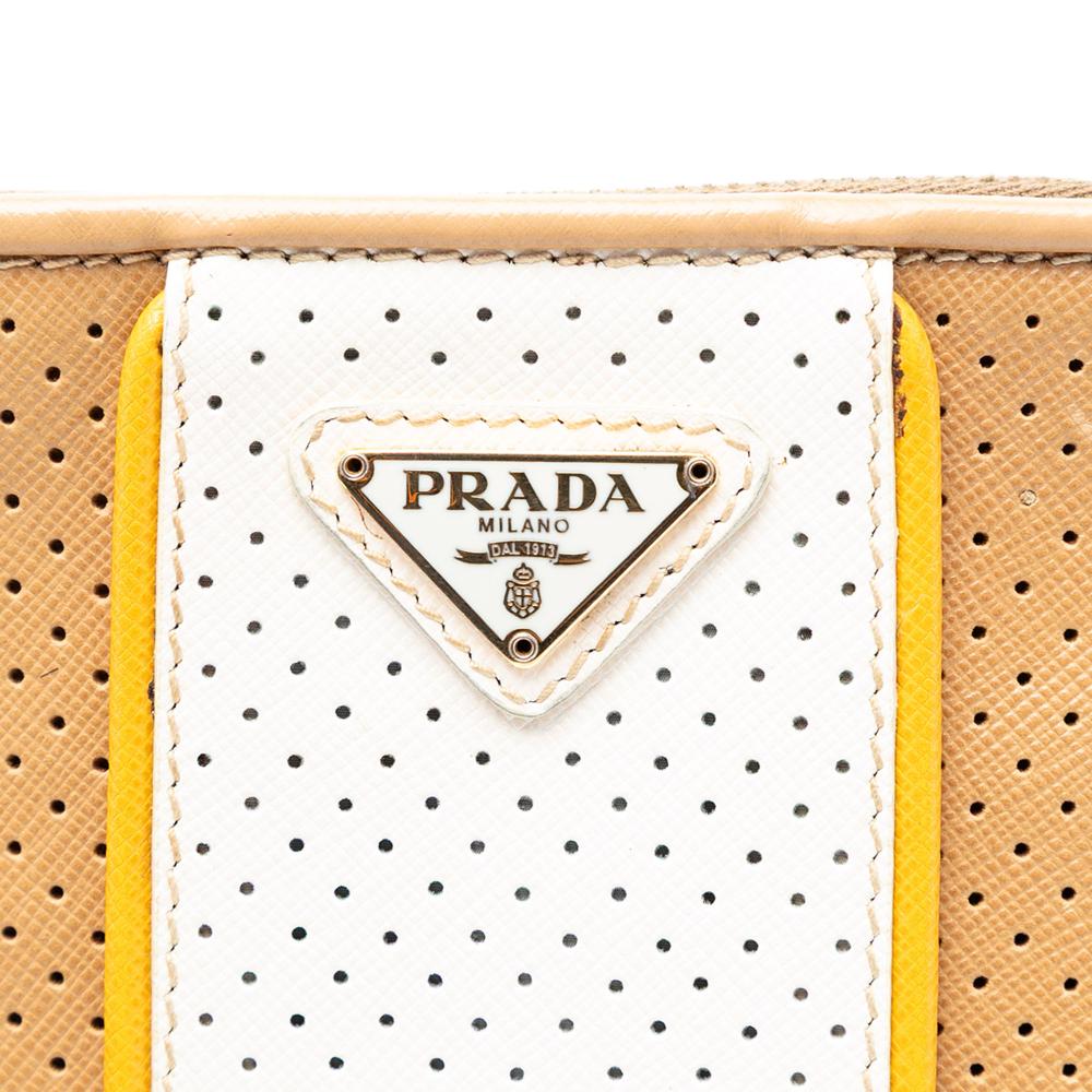 Prada B Prada Brown Beige Saffiano Leather Perforated Wristlet Clutch Italy
