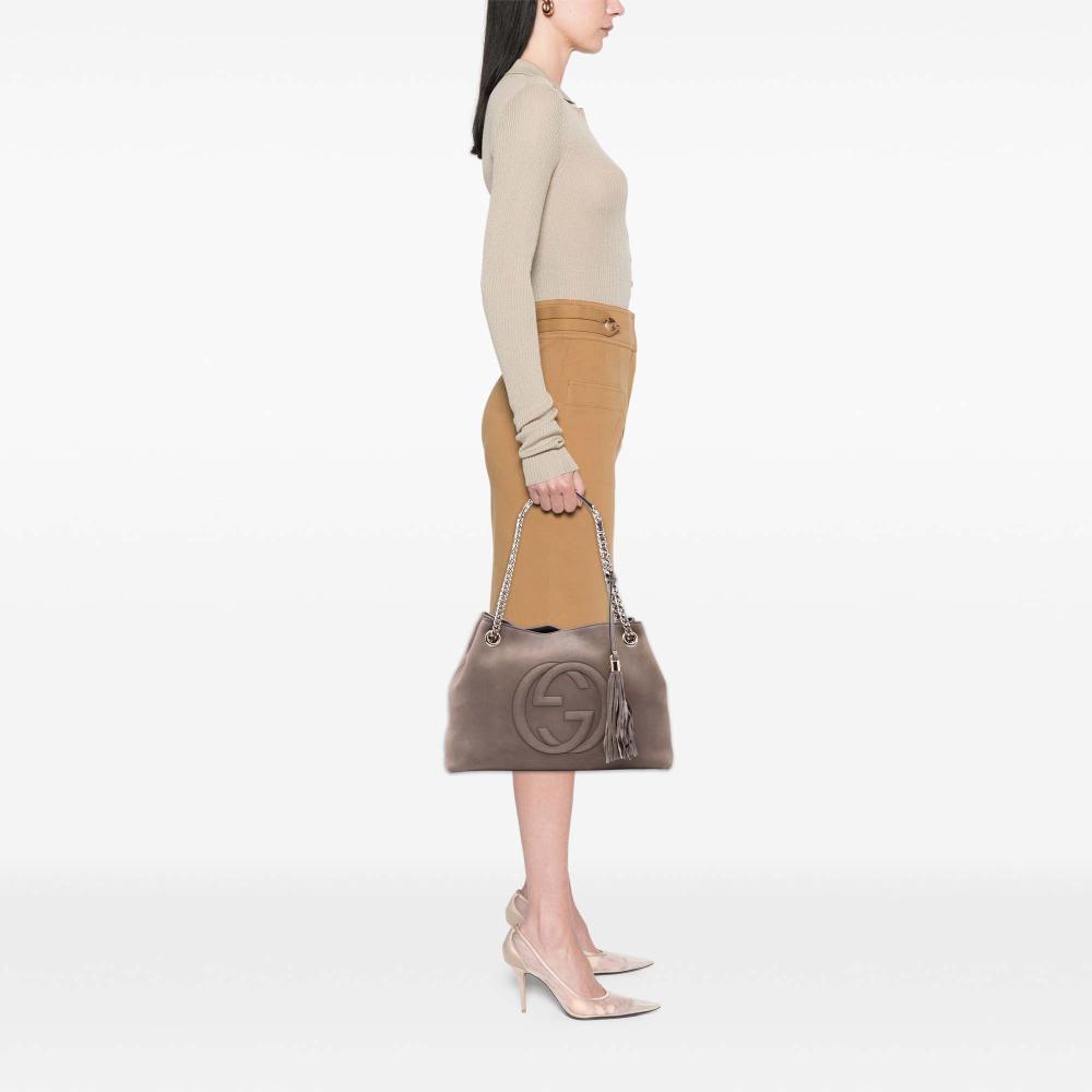 Gucci B Gucci Brown Taupe Nubuck Leather Leather Medium Soho Chain Tote Italy