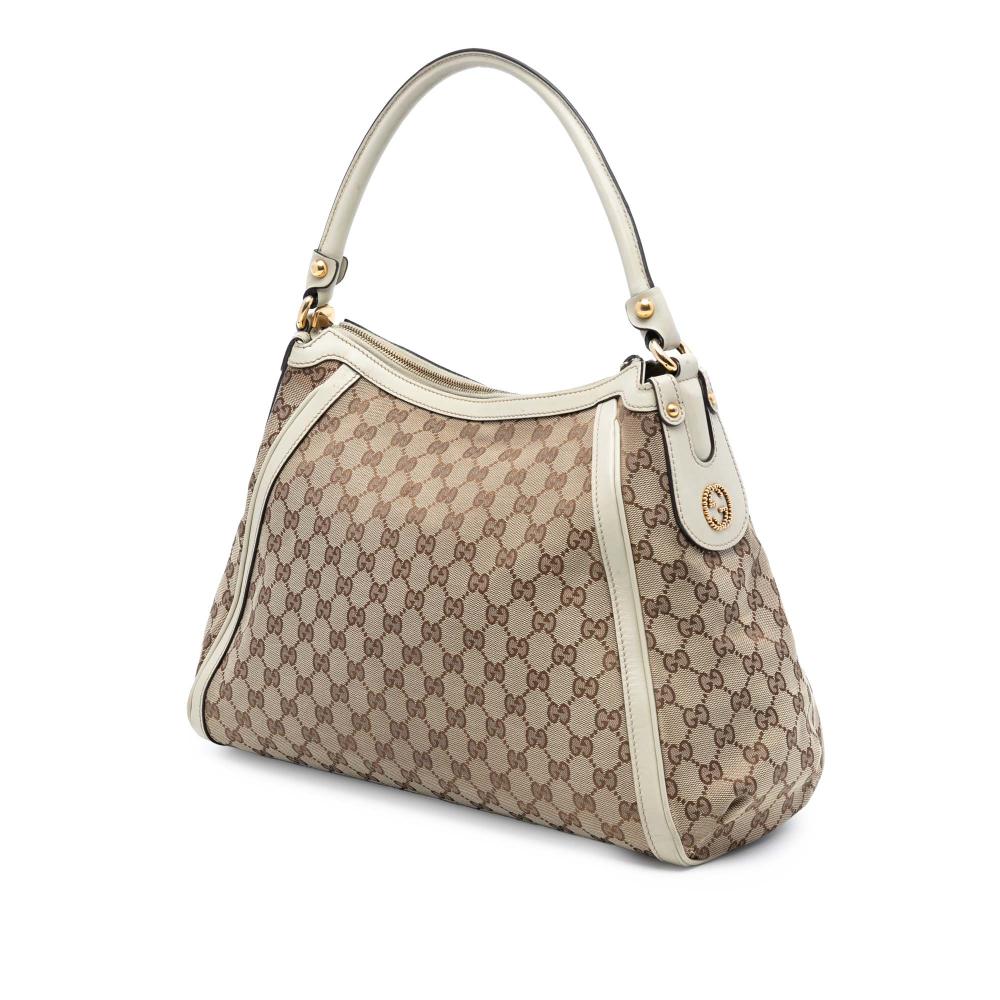 Gucci B Gucci Brown Beige Canvas Fabric GG Scarlett Shoulder Bag Italy