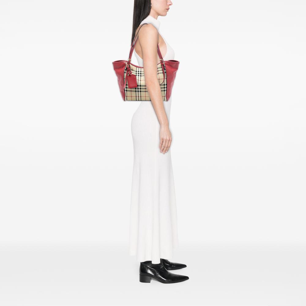 Burberry B Burberry Brown Beige Canvas Fabric Small Haymarket Check and Leather Canterbury Tote Italy