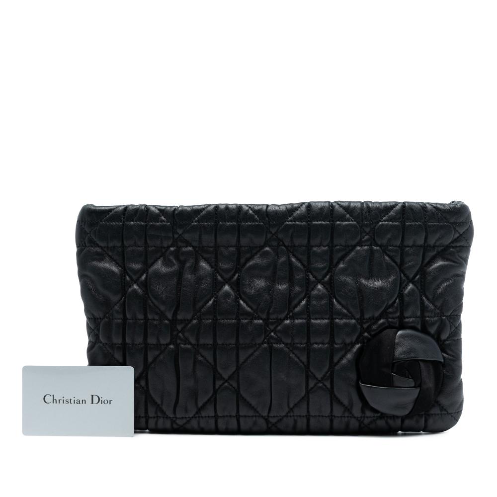 Christian Dior B Dior Black Calf Leather skin Cannage Rose Clutch Italy
