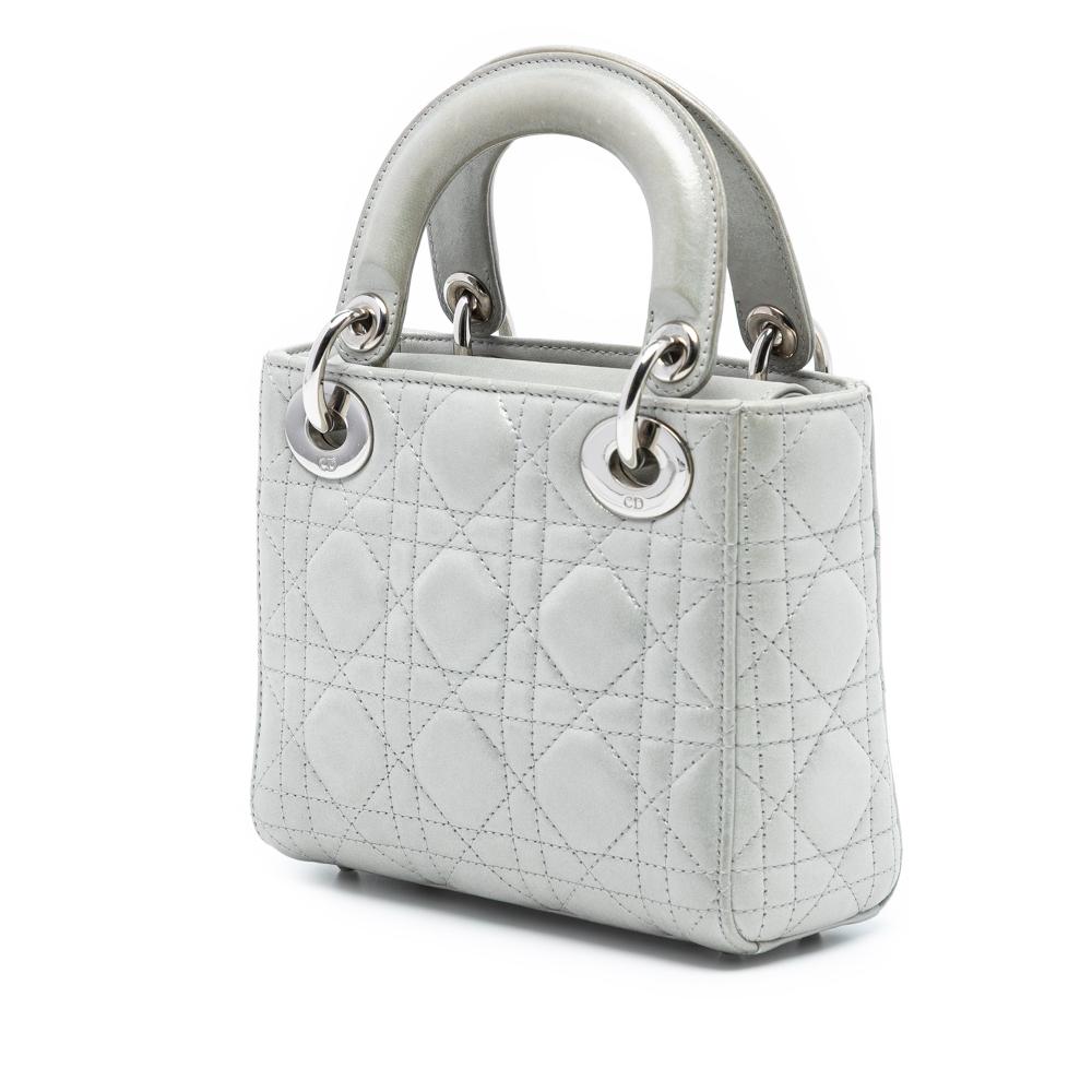 Christian Dior AB Dior Silver Lambskin Leather Leather Mini Iridescent Lambskin Cannage Lady Dior Italy