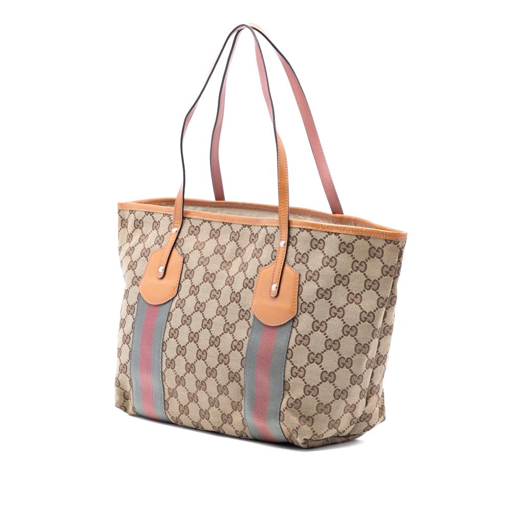 Gucci B Gucci Brown Beige Canvas Fabric GG Web Jolie Tote Italy