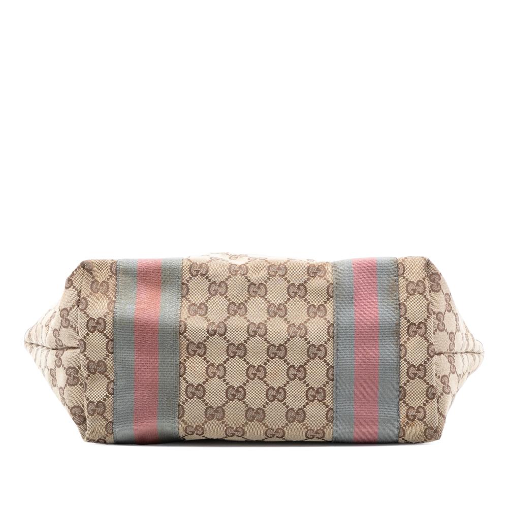 Gucci B Gucci Brown Beige Canvas Fabric GG Web Jolie Tote Italy