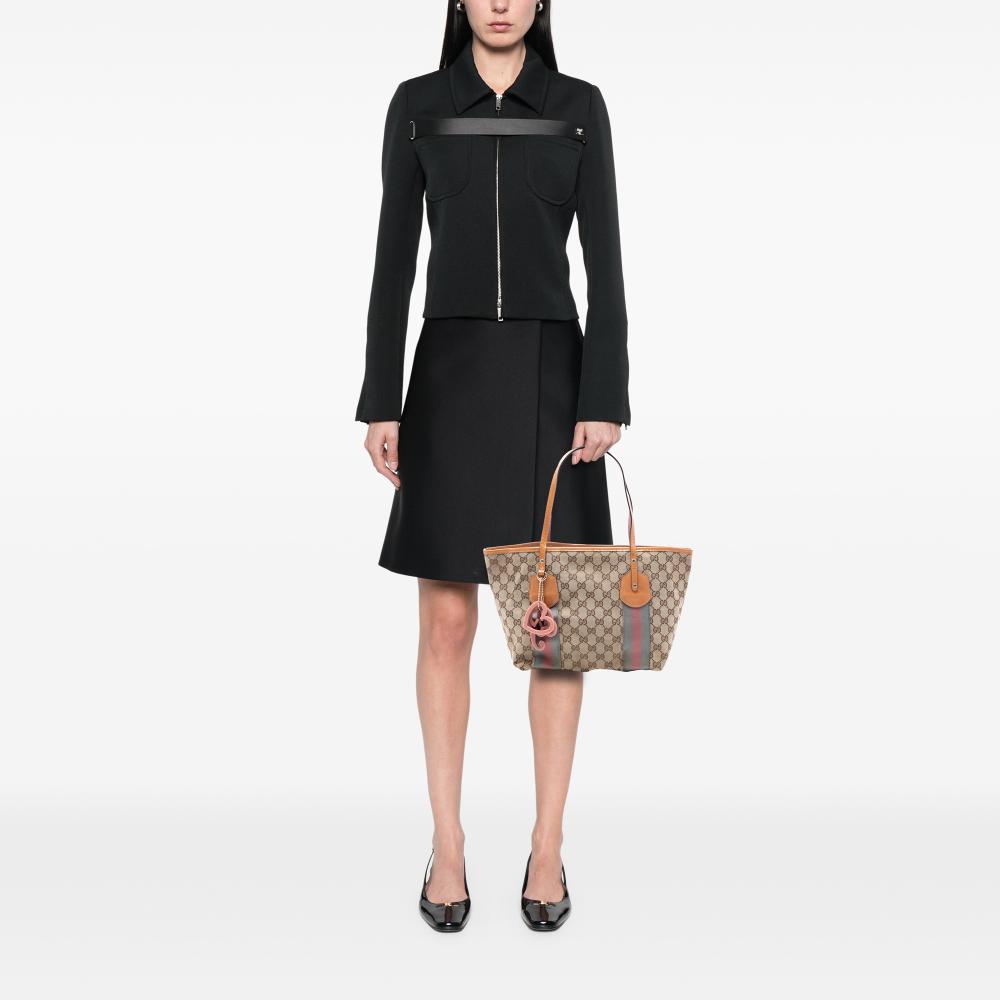 Gucci B Gucci Brown Beige Canvas Fabric GG Web Jolie Tote Italy