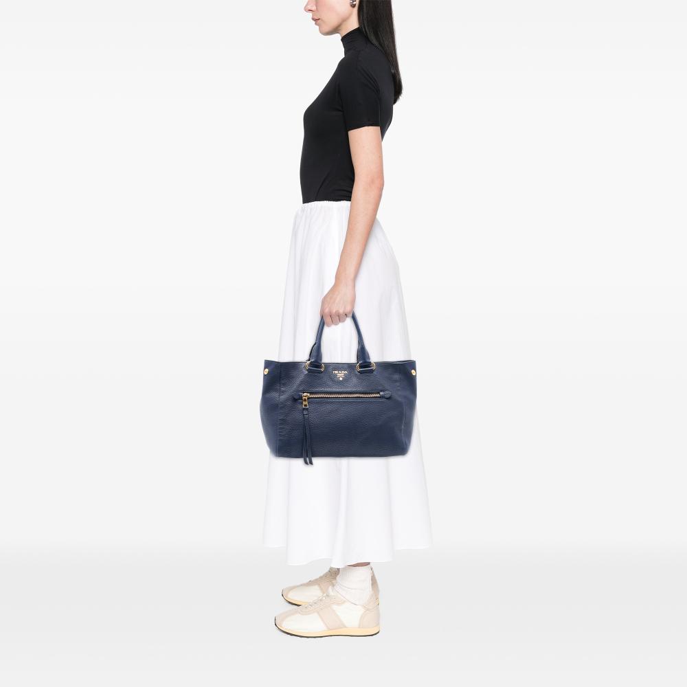 Prada AB Prada Blue Calf Leather Vitello Daino Front Pocket Tote Italy