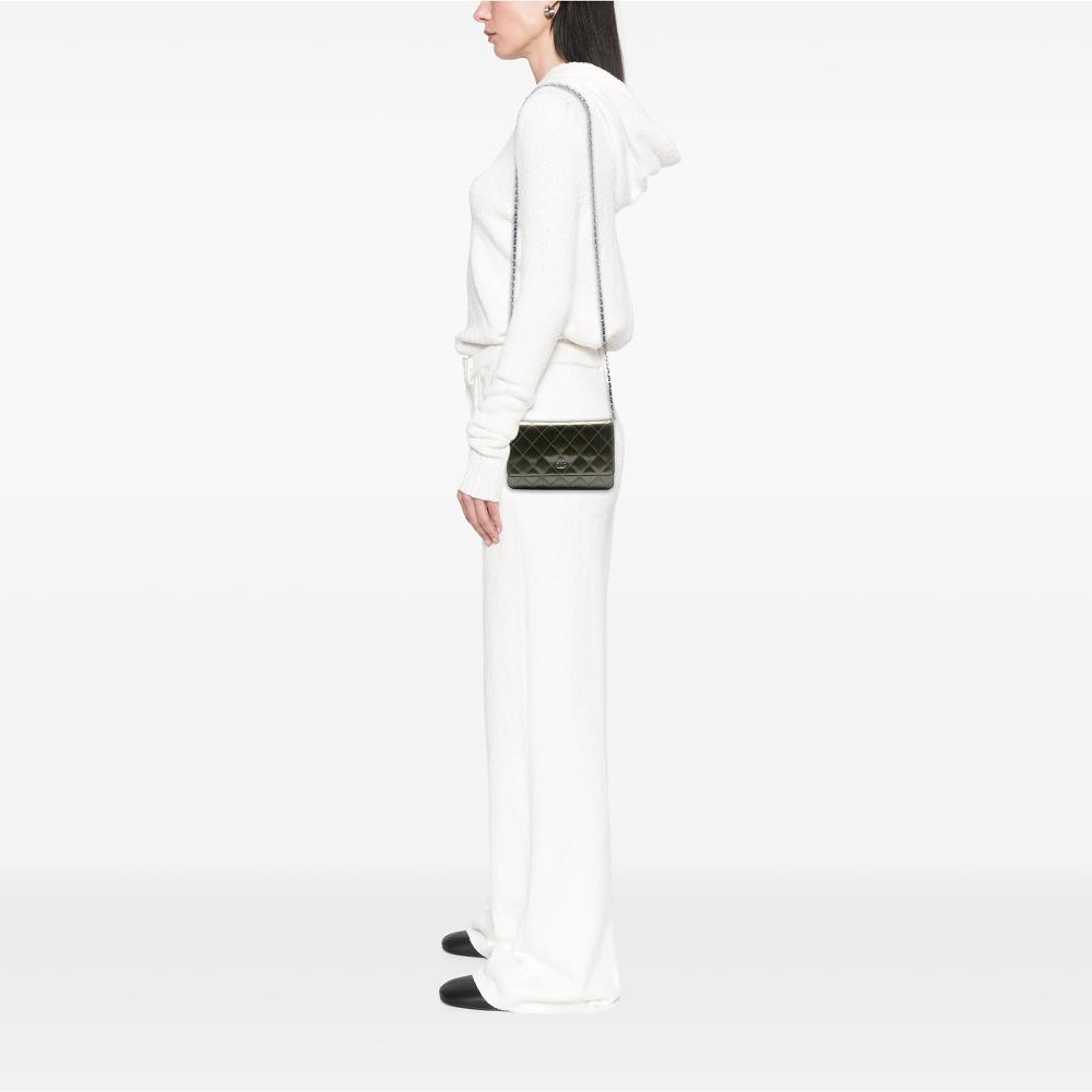 Chanel Green CC Quilted Metallic Patent Striped Wallet on Chain Spain