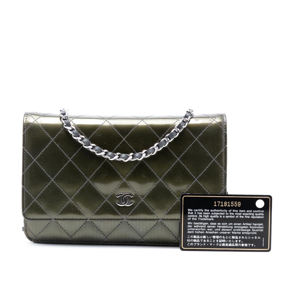 Chanel Green CC Quilted Metallic Patent Striped Wallet on Chain Spain